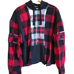 Upcycled Patchwork Hoodie Boho Grunge Black & Red Flannel Sweatshirt Sz XL - 1X